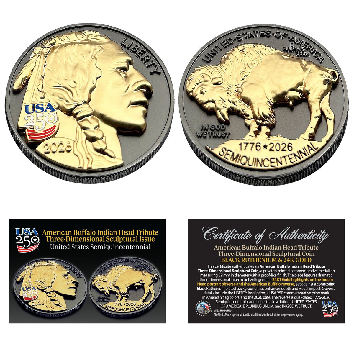 3D American Buffalo Indian Head Tribute Coin With USA 250th Privy Mark
