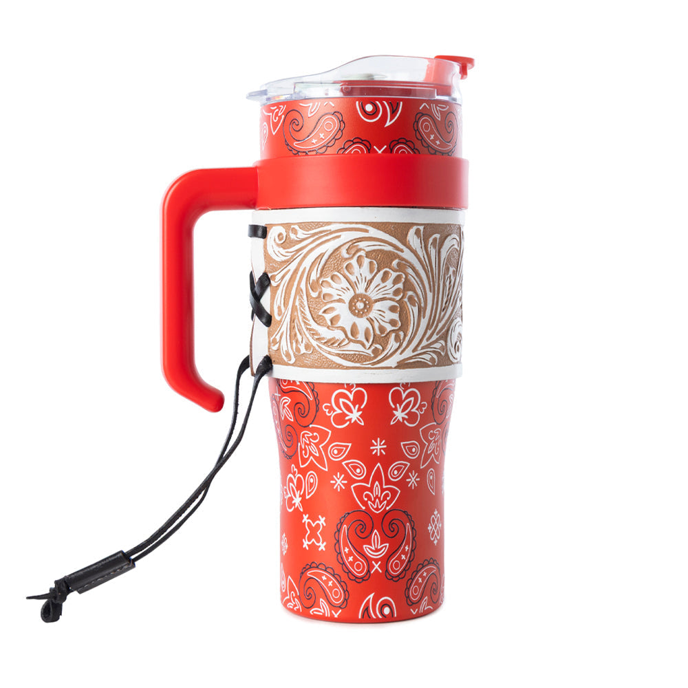 Myra Bandana Tooled Western Tumbler in Red Stainless Steel with Handtooled Leather and Handle for Use