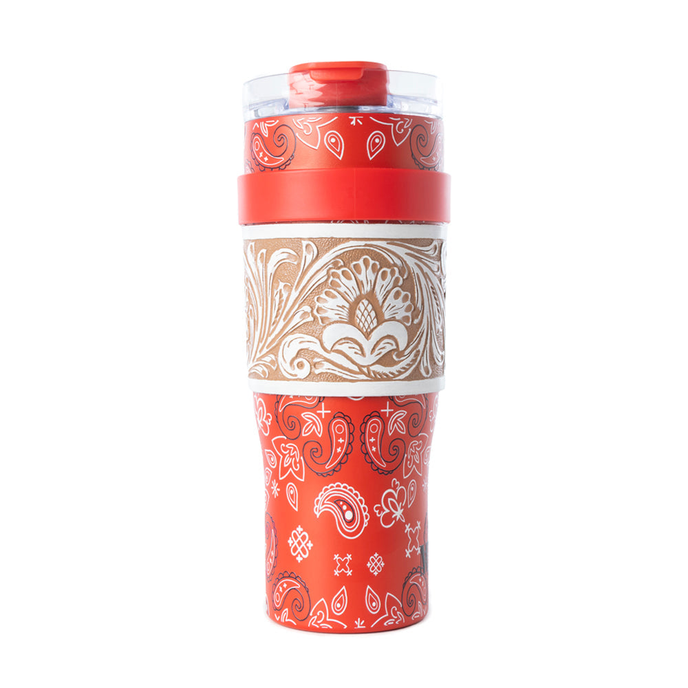 Myra Bandana Tooled Western Tumbler in Red Stainless Steel with Handtooled Leather and Handle for Use