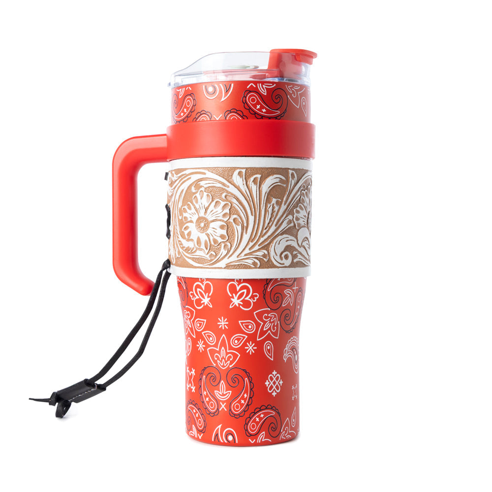 Myra Bandana Tooled Western Tumbler in Red Stainless Steel with Handtooled Leather and Handle for Use