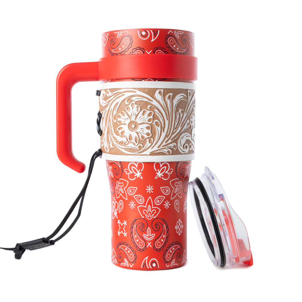Myra Bandana Tooled Western Tumbler in Red Stainless Steel with Handtooled Leather and Handle for Use