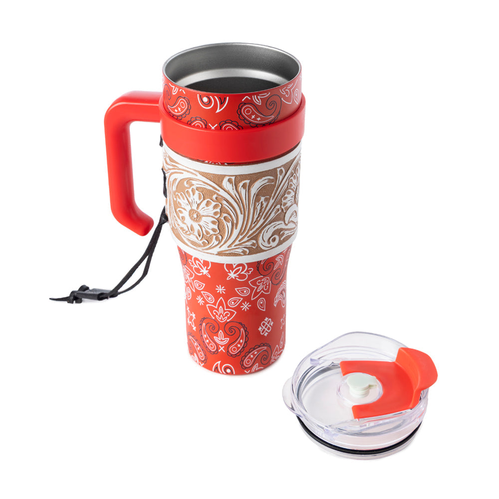 Myra Bandana Tooled Western Tumbler in Red Stainless Steel with Handtooled Leather and Handle for Use