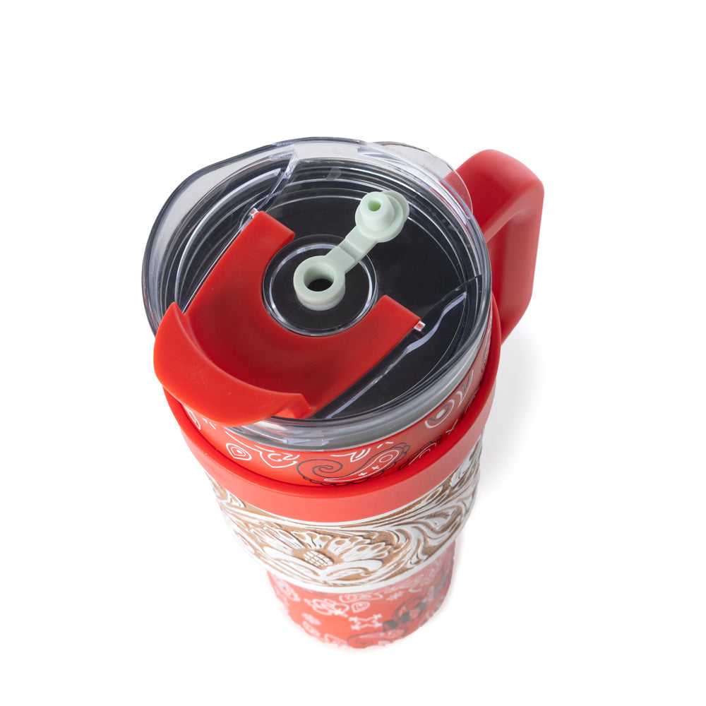 Myra Bandana Tooled Western Tumbler in Red Stainless Steel with Handtooled Leather and Handle for Use