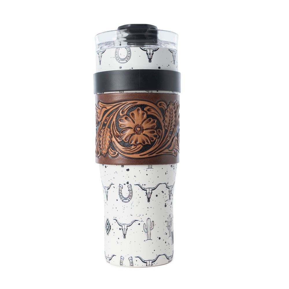 Myra Westmark Tooled Western Tumbler in White Stainless Steel with Leather Wrap and Handle for Use