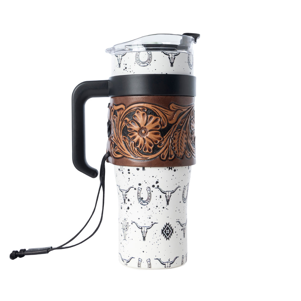 Myra Westmark Tooled Western Tumbler in White Stainless Steel with Leather Wrap and Handle for Use