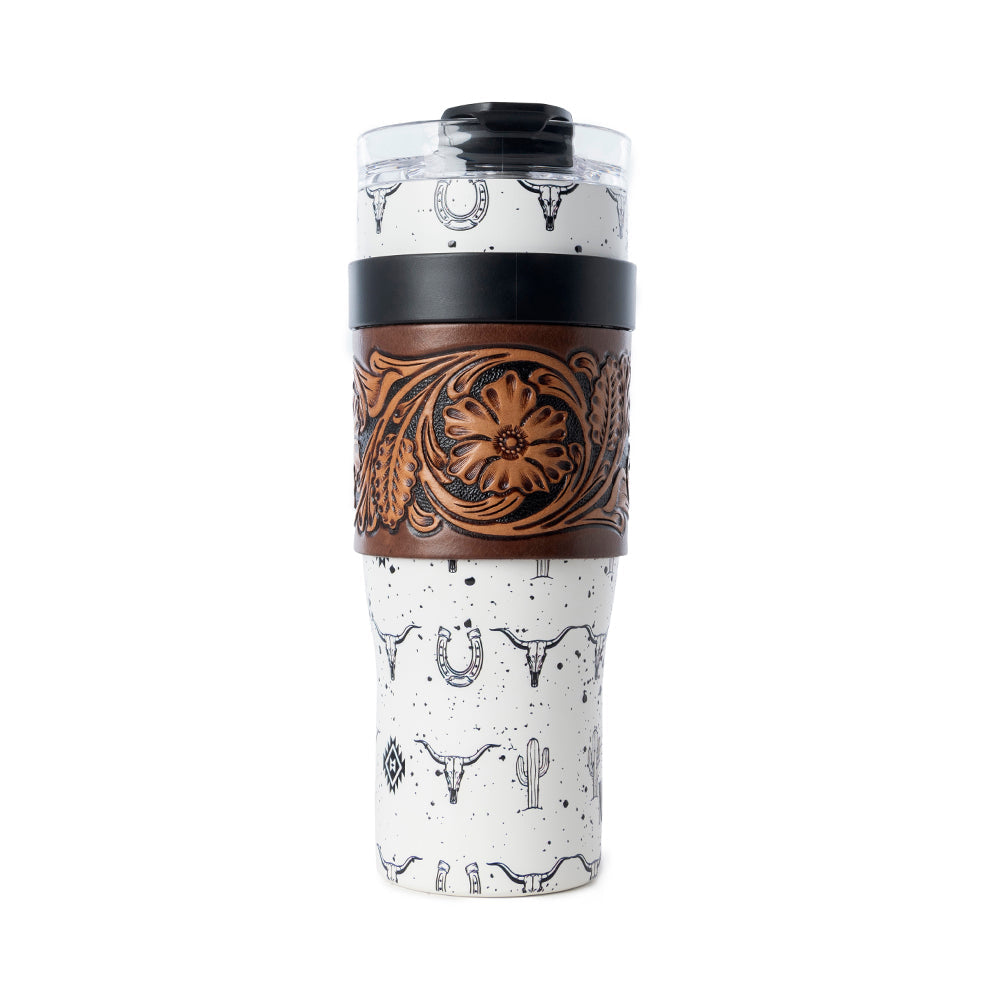 Myra Westmark Tooled Western Tumbler in White Stainless Steel with Leather Wrap and Handle for Use