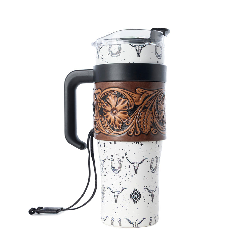 Myra Westmark Tooled Western Tumbler in White Stainless Steel with Leather Wrap and Handle for Use