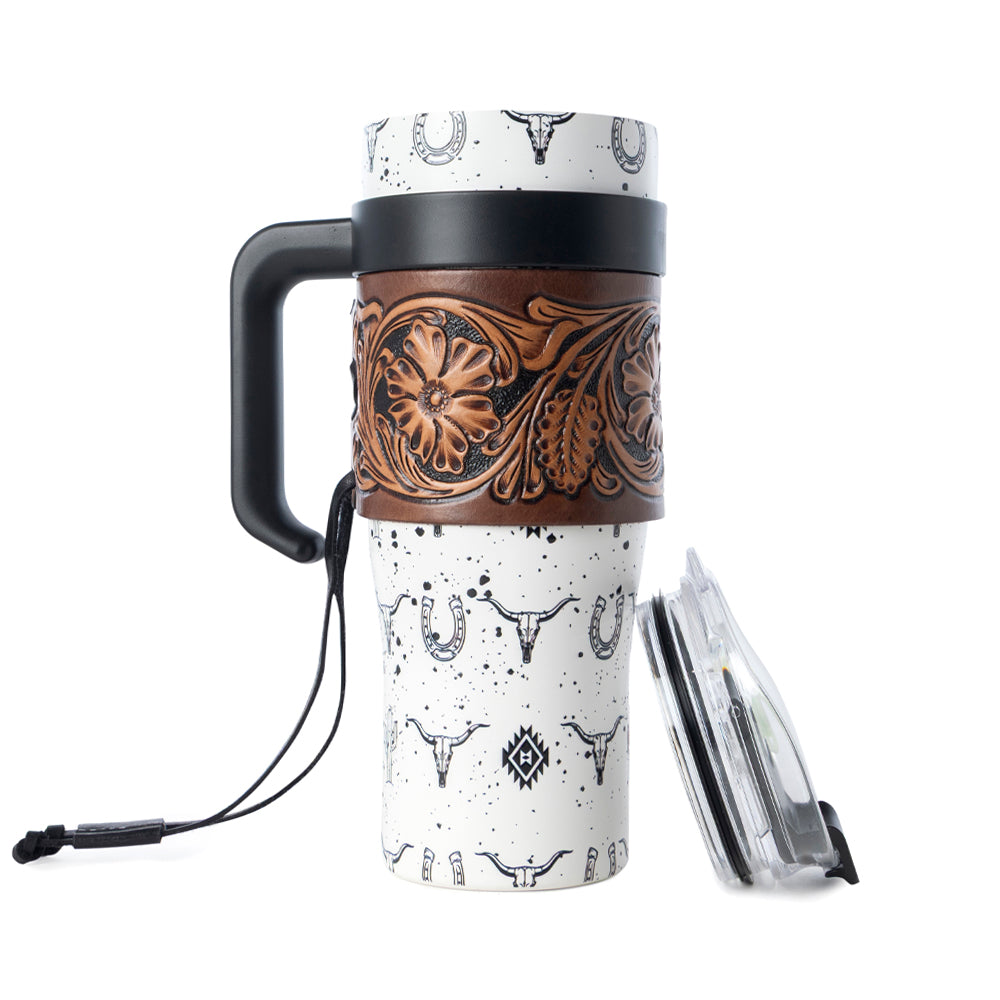 Myra Westmark Tooled Western Tumbler in White Stainless Steel with Leather Wrap and Handle for Use