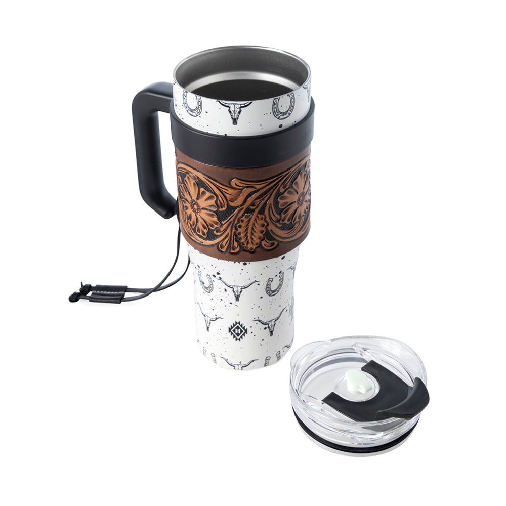 Myra Westmark Tooled Western Tumbler in White Stainless Steel with Leather Wrap and Handle for Use