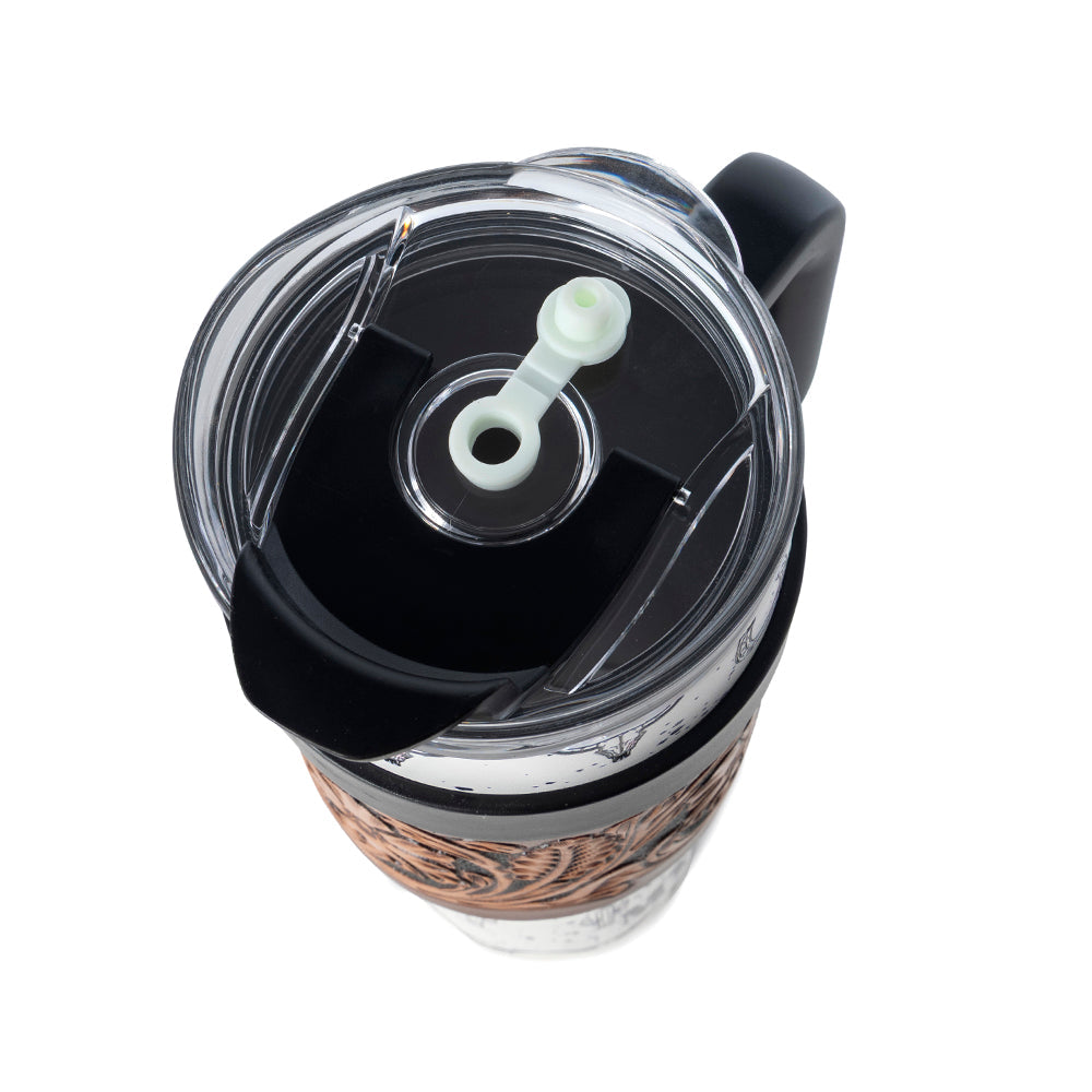 Myra Westmark Tooled Western Tumbler in White Stainless Steel with Leather Wrap and Handle for Use