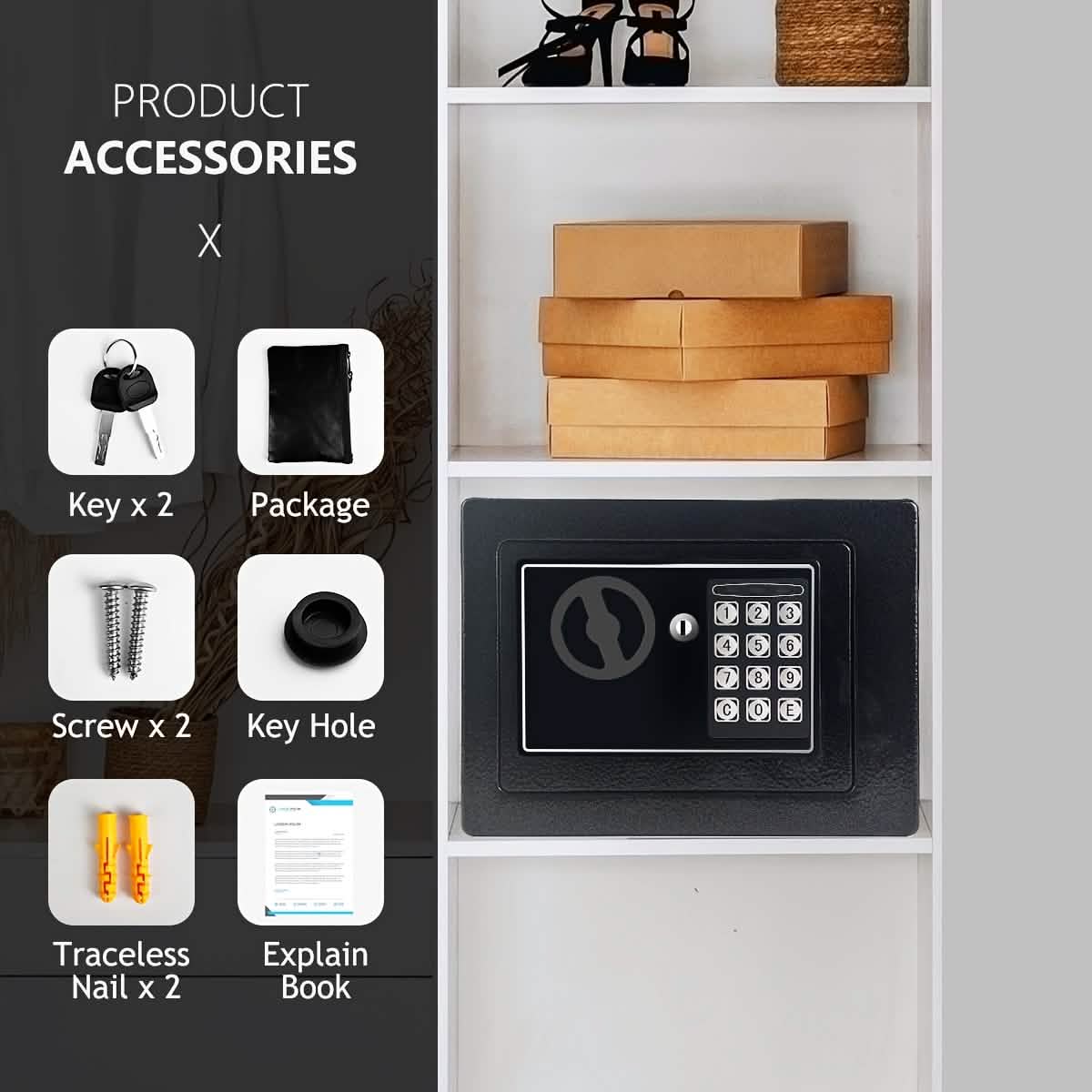 Fireproof Digital Home Safe with Keypad, Sensor Light & Money Bag-Silver